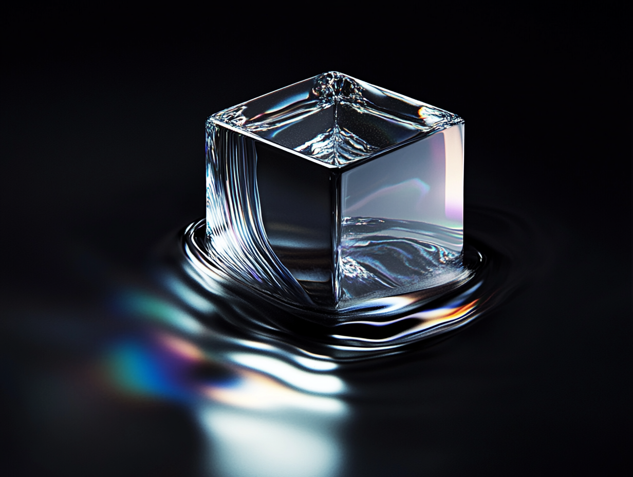 Abstract iridescent glass cube